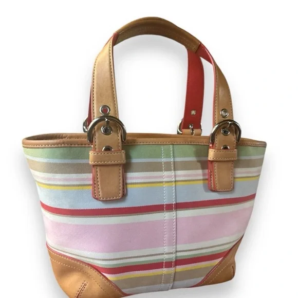 COACH Hampton Daisy Stripe Vachetta Leather & Canvas Mini Tote EUC - Picture 6 of 12